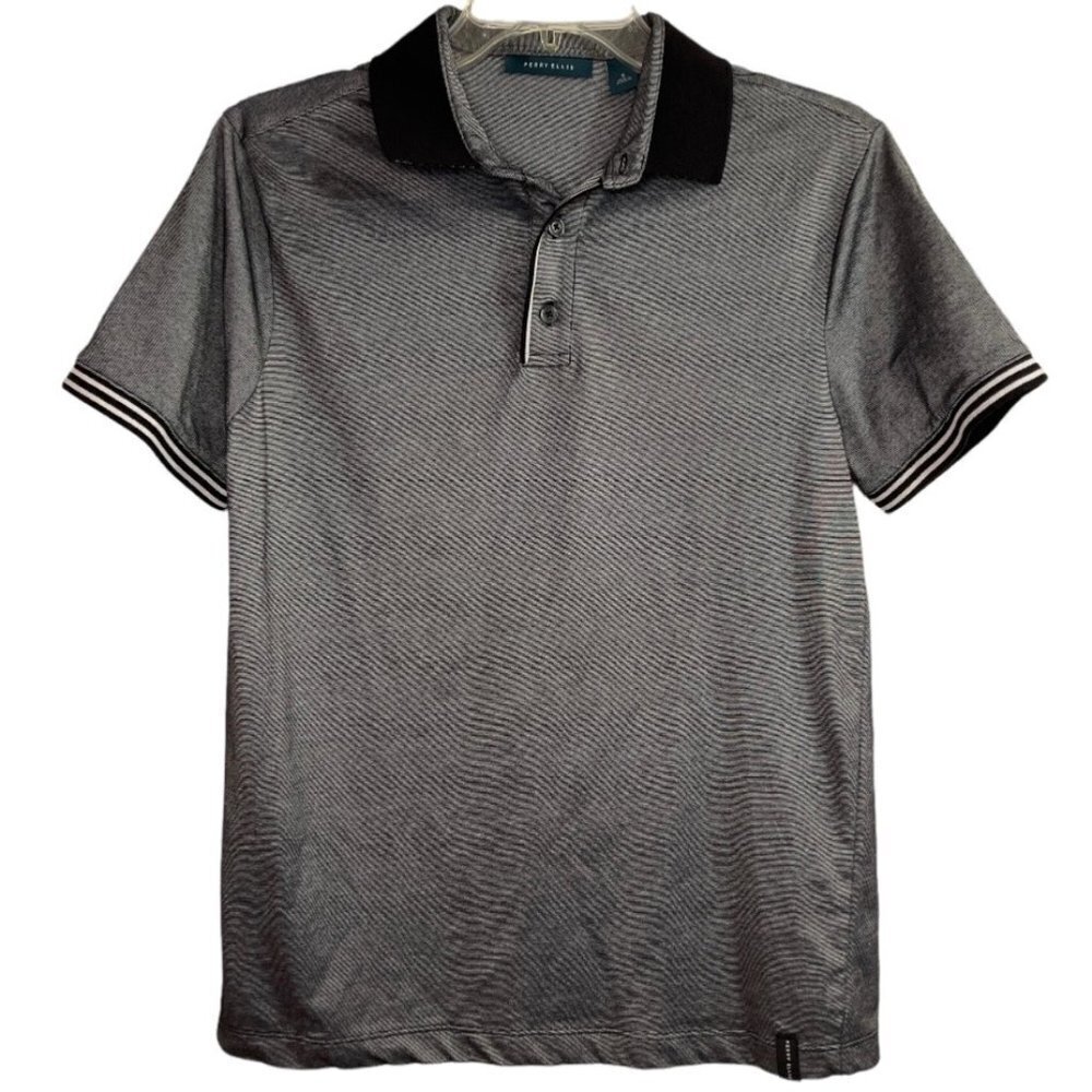 PERRY ELLIS ICON Golf Polo Shirt Small Grey Black Moisture-wicking Breathable